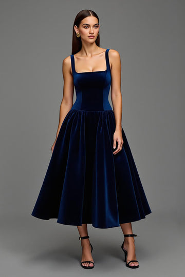 Navy Velvet A-Line Square Neck Midi Formal Dress